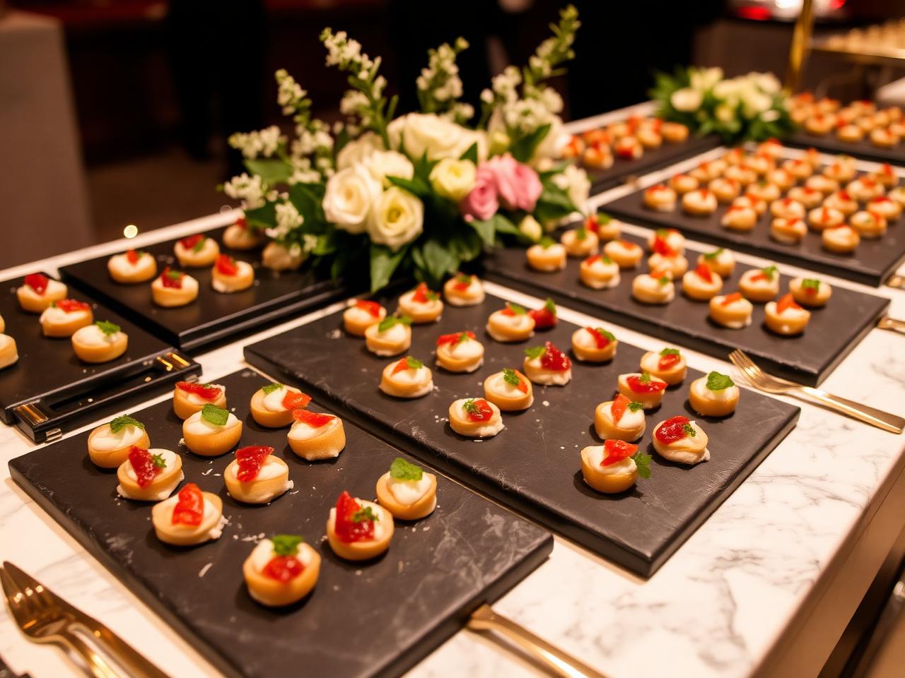Catering display with canapés on slate boards